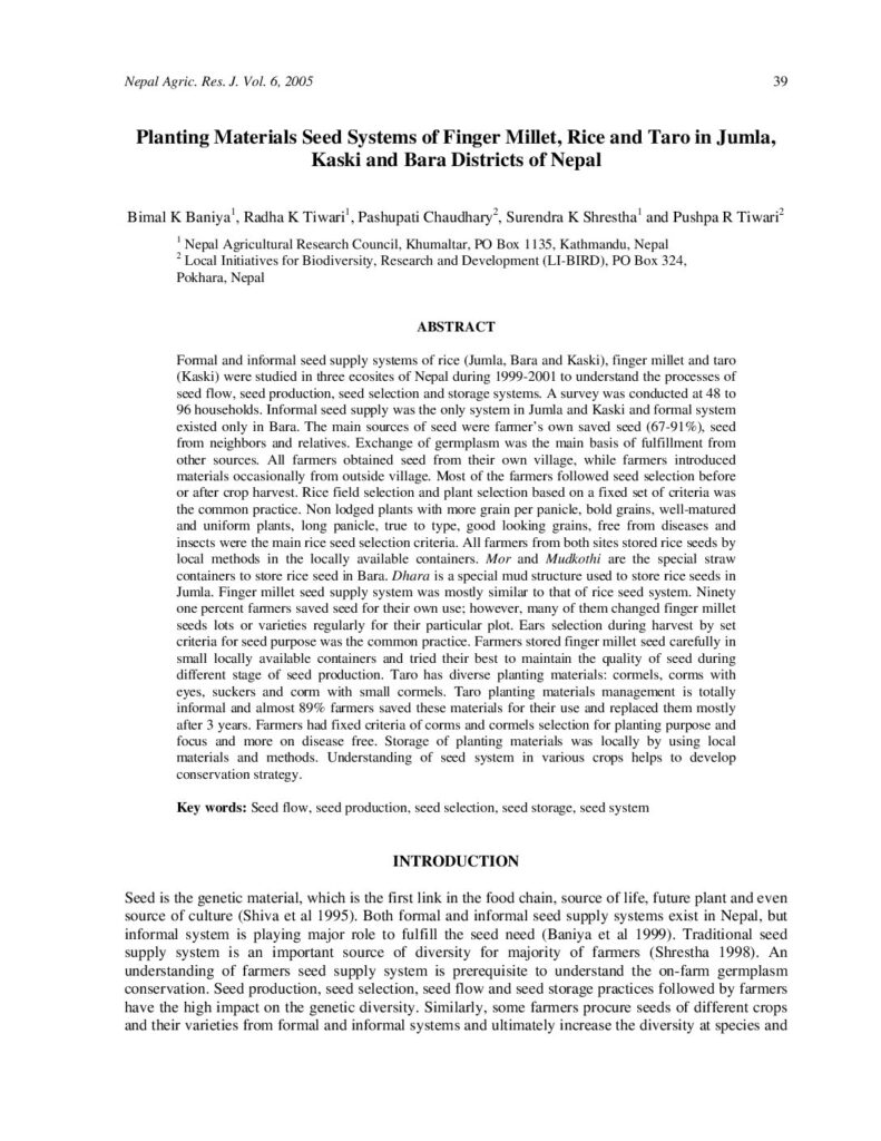 thumbnail of Planting Materials Seed Systems of Finger Millet, Rice and Taro in Jumla, Kaski and Bara Districts of Nepal